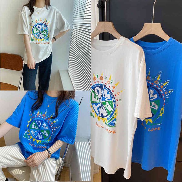 

women's t-shirt p68105as 22 spring and summer loose shoulder color printing japan south korea high density 200g ground wool t-shirt, White