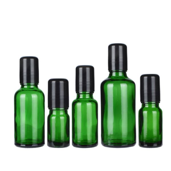 Leere Verpackung Grüne Glasflasche Schwarz Schraubendeckel Ätherische Ölstahl Rollenfläschchen Tragbare Nachfüllbare Kosmetikverpackungsbehälter 5ml 10ml 15ml 20ml 30ml 50ml 100ml