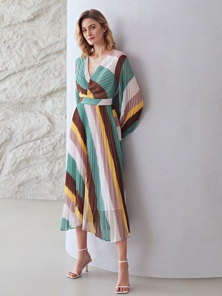 

motf premium colorblock plisse dress 71rr#, Black;gray