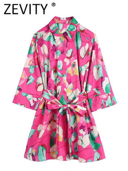 

zevity women vintage floral print single breasted mini shirt dress female chic three quarter sleeve kimono sashes vestidos ds958 l220530, Black;gray