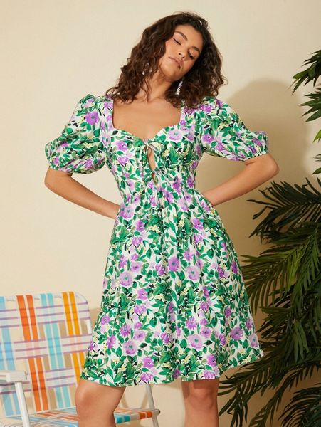 

floral print tie front dress m22u#, Black;gray