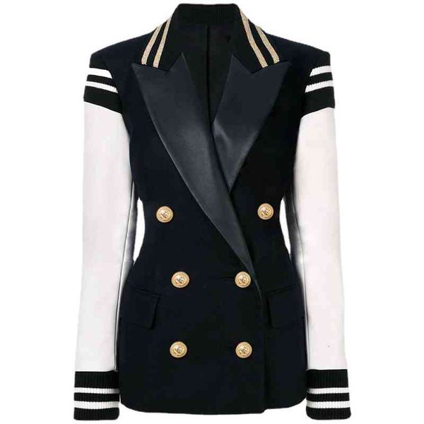

women's suits & blazers quality 2022 college style threaded cuffs stitched double row metal lion button contrast leather suit jacket od, White;black