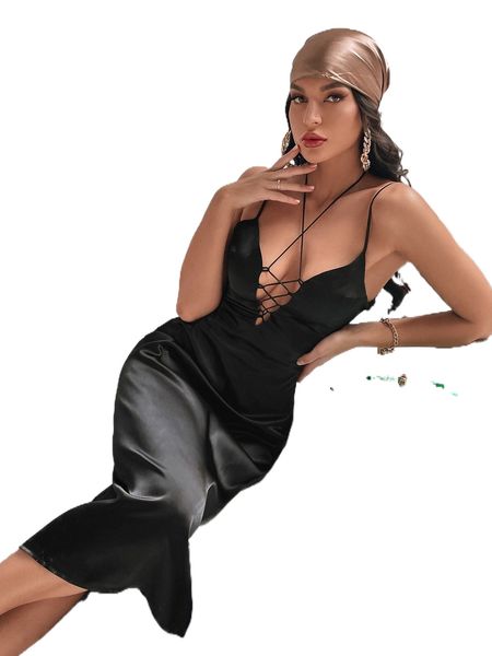 

lace up front satin cami dress l0wp#, Black;gray