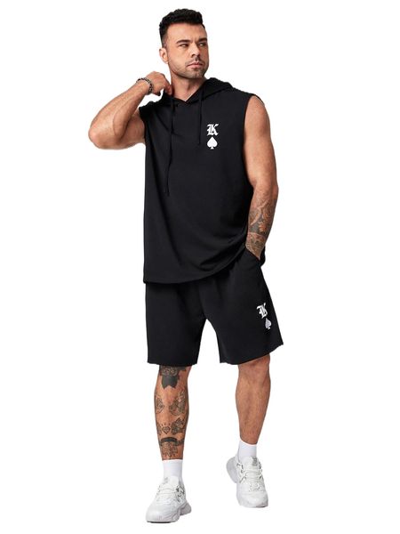 

extended sizes men playing card print drawstring hooded tank & shorts k7rz#, Gray