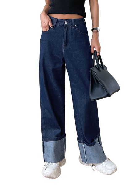 

dazy high waist folded hem straight leg jeans i1ms#, Blue