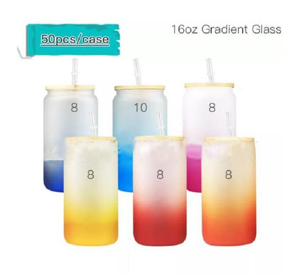 USA Warehouse 16oz Sublimations-Bierkrüge aus Glas mit Farbverlauf, Glasdose, Bierdose, Glasbecher, Trinkgläser mit Bambusdeckel und wiederverwendbarem Strohhalm