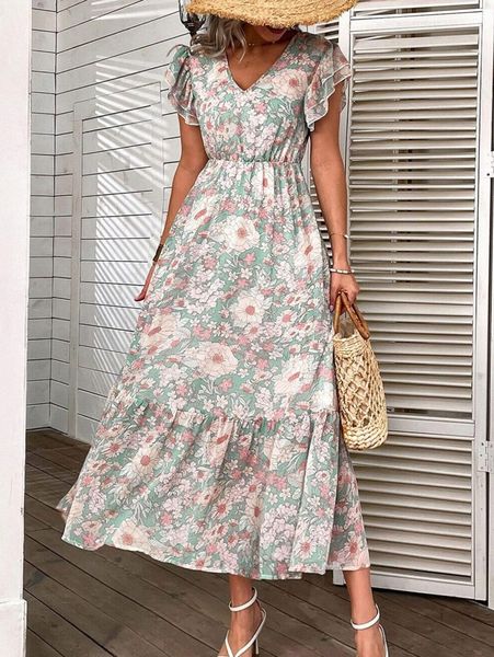 

floral print butterfly sleeve ruffle hem dress x6co#, Black;gray