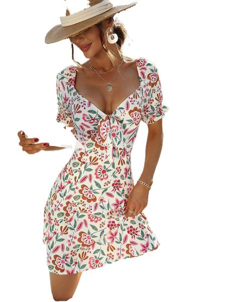 

allover floral print knot front lace up backless dress 91ev#, Black;gray