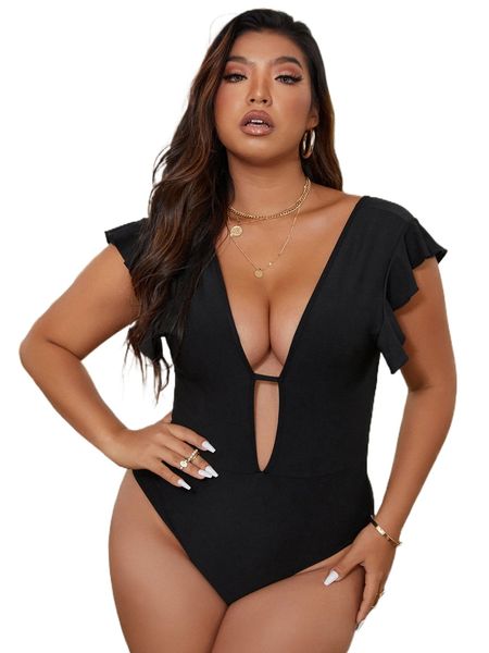 

plus cut out deep v neck ruffle trim bodysuit s0lf#, Black