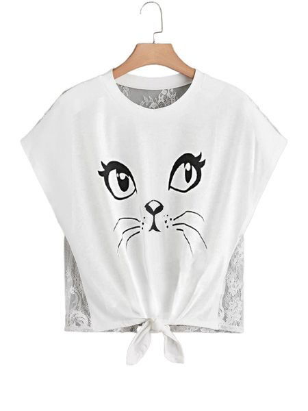 

plus cartoon graphic knot front batwing sleeve lace k6te#, Black