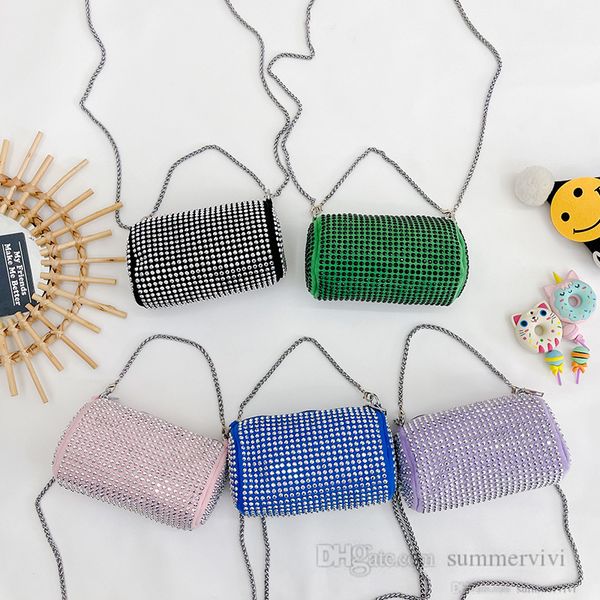 

luxury children rhinestones handbags girls messenger circular pillow bags kids metals chain single shoulder bag q7399, Black