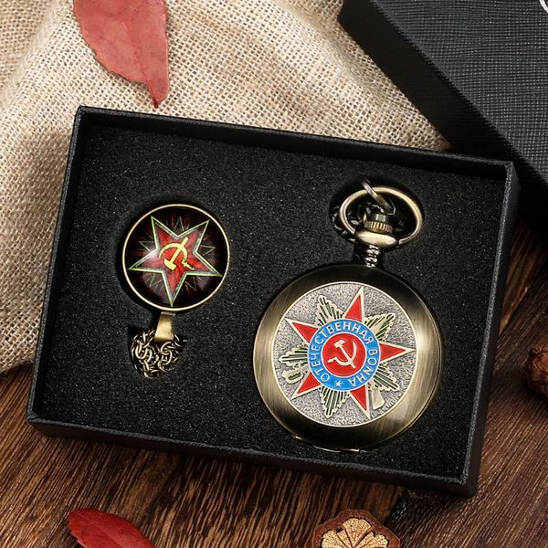 Relógios de bolso soviético distintivo comunismo foice martelo romano numerais manual relógio mecânico colar relógio pingente com conjunto de presente de cadeia