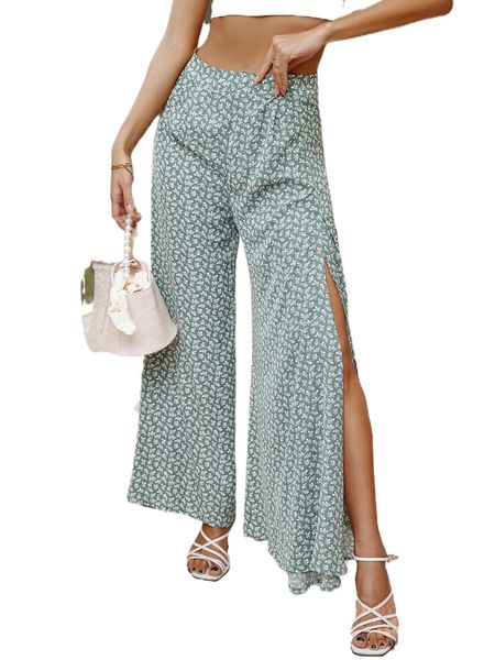 

ditsy floral print split thigh wide leg pants e5lx#, Black;white