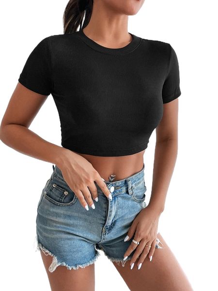 

solid ribbed knit crop tee y7wr#, White