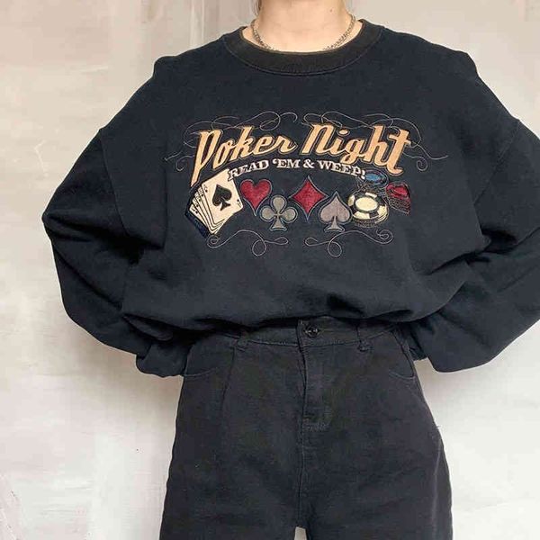

women's hoodies & sweatshirts camisola bordada vintage gÃªmeo preto pulÃ´ver feminino gola redonda marÃ© fina retro primavera e outono m6p, Black