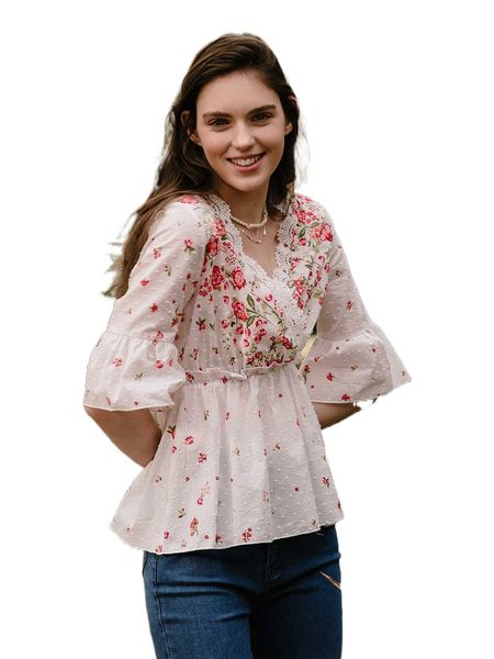 

floral print lace trim surplice neck peplum blouse d7qr#, White
