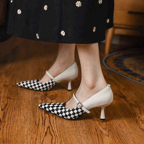 

designer women's shoes boots french elegant chsboard checkered hair single shoes 2022 leather pointed head splicing shallow mouth tempe, Black