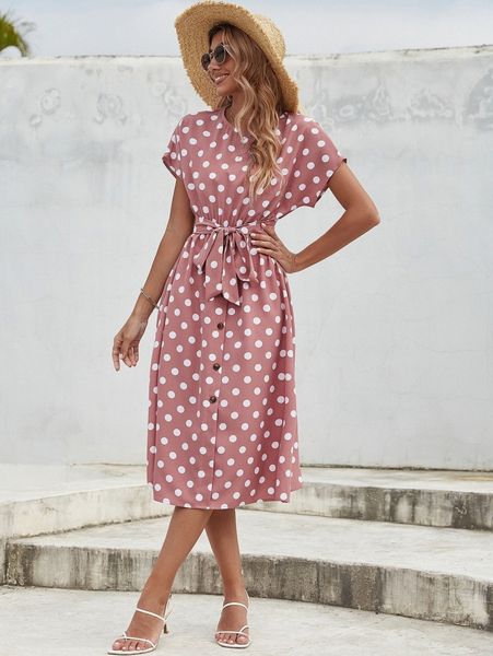 

polka dot button front belted dress h4lf#, Black;gray