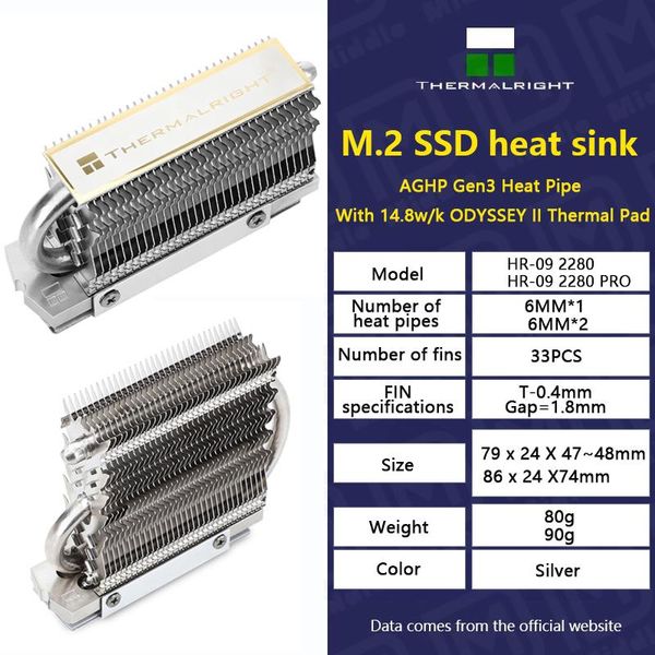 Fãs de resfriamento térmico HR-09 2280/HR-09 2280 Pro M.2 Estado sólido Drive AGHP Radiator de tubo de calor SSD Cooler totalmente EletroplatedFans