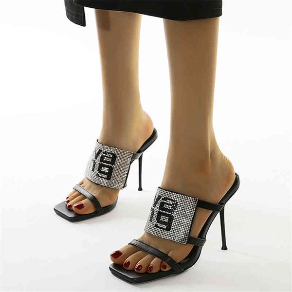 

summer crystal embellished high heels stiletto squared toe women sandals party wedding fashion shoes woman slippers hws323 dcwk, Black