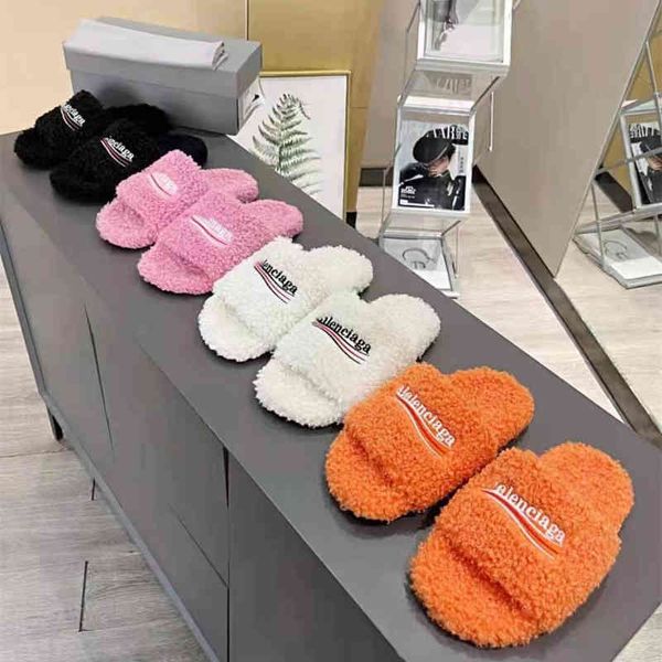 

slippers zhib home early autumn one line embroidered wool slippers with letters flat bottomed lamb bwaz, Black