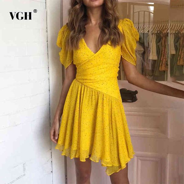 

print asymmetrical dress v neck short sleeve high waist slim ruffles elegant mini dresses female fashion style 210507, Black;gray