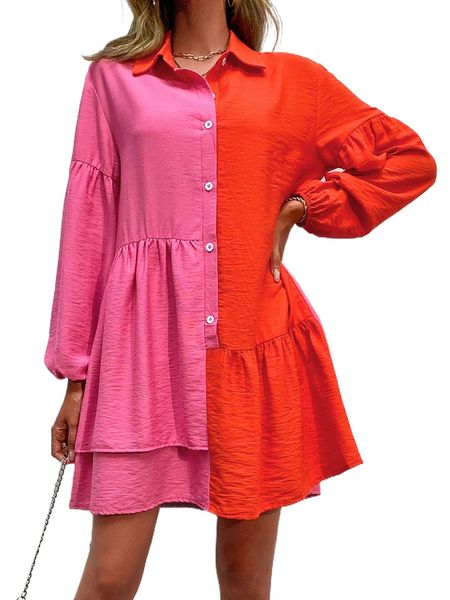 

colorblock bishop sleeve shirt dress y6tl#, Black;gray