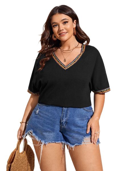 

plus contrast geo tape batwing sleeve blouse p5wx#, Black