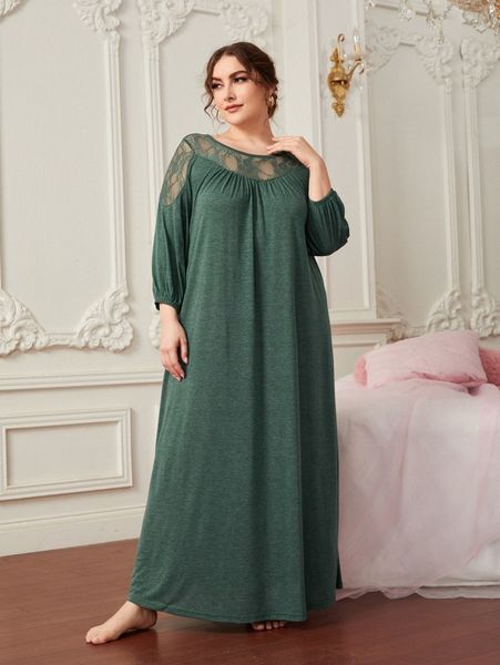 

plus contrast lace lantern sleeve nightgown c7bx#, Black;white