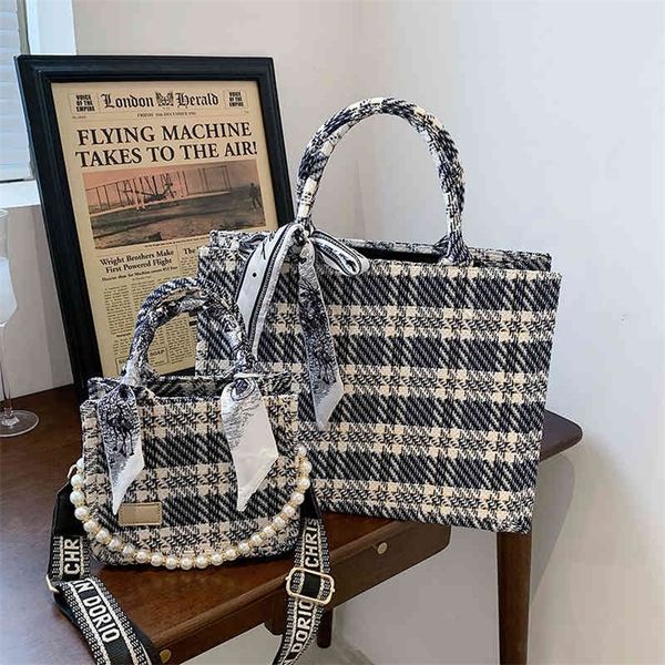 

shop online 85% off discounts summer version simple foreign style plaid canvas bag fashion pearl chain portable tote bag