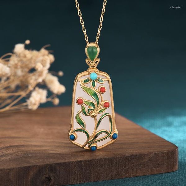 Anhänger Halsketten China Stil Vintage Zubehör Halskette Weiße Hetian Jade Cloisonne Emaille Blume Pflanzen Für Frauen Schmuck Anhänger Sidn22