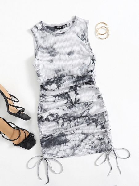 

tie dye drawstring ruched side rib-knit dress r7yx#, Black;gray