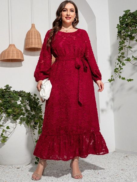

plus lantern sleeve ruffle hem fuzzy belted dress d3rm#, Black