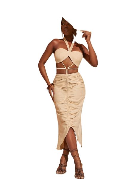 

sxy halter neck cut out o-ring ruched dress i3rw#, Black;gray