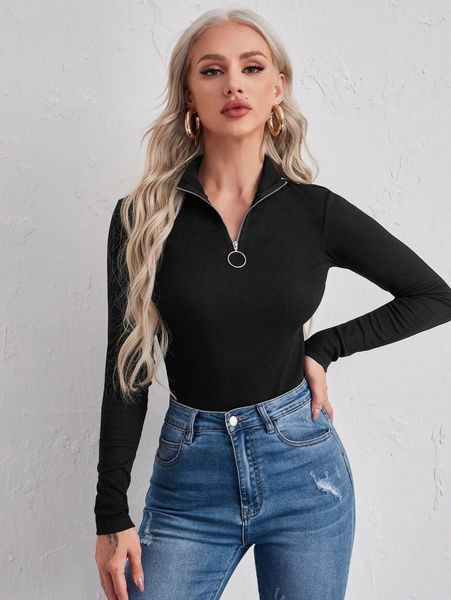 

half zipper placket solid tee k5cf#, White