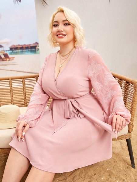 

plus bishop sleeve guipure lace trim wrap detail belted dress z1nn#, Black