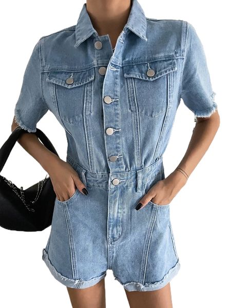 

dazy solid button front raw hem pocket denim romper l4ge#, Black;white