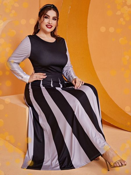 

plus color block a-line dress e1au#, Black