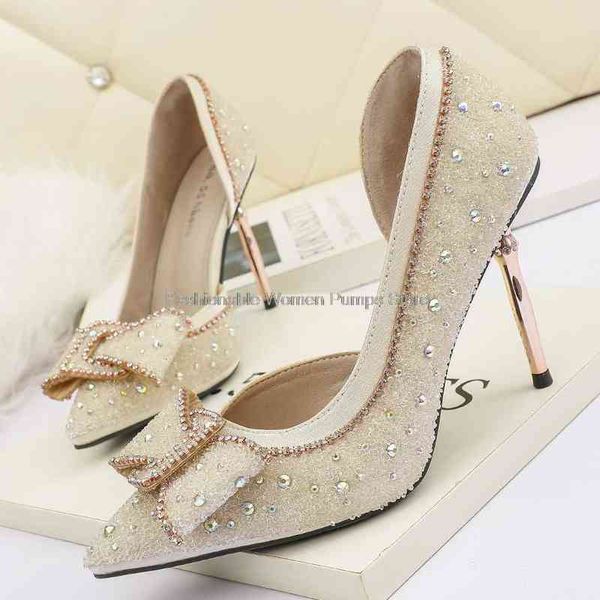 

dress shoes elegant women pumps crystal shallow 9cm high heels stiletto rhinestone butterfly button party bride wedding 220416, Black