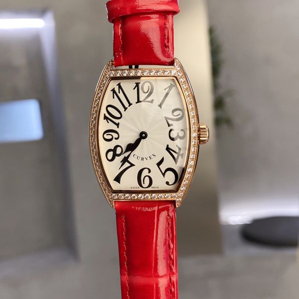 Relógio feminino movimento de quartzo 31x43mm MODELOS FM Série barril de vinho tipo barril de luxo escolha de couro de bezerro multicolorido