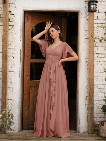 

flutter sleeve draped ruffle trim chiffon maxi dress r1rh#, Black;gray