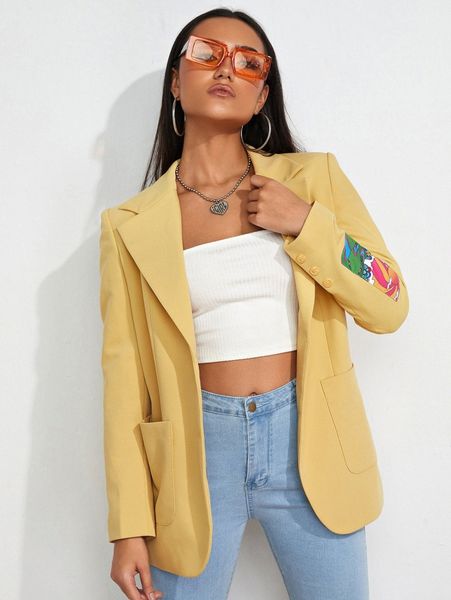 

lapel neck patched detail dual pocket single button blazer f64t#, White