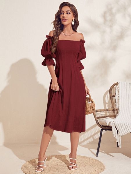 

off shoulder puff sleeve solid dress t8df#, Black;gray