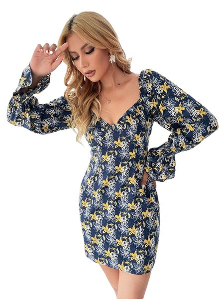 

allover floral print flounce sleeve dress f7jn#, Black;gray