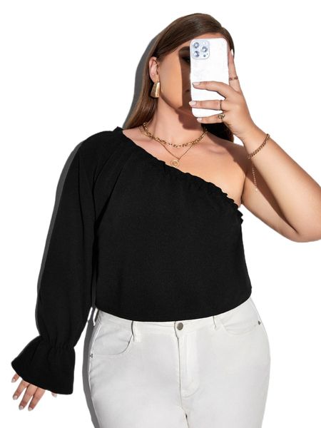 

sxy plus one shoulder flounce sleeve frill trim e1c6#, Black