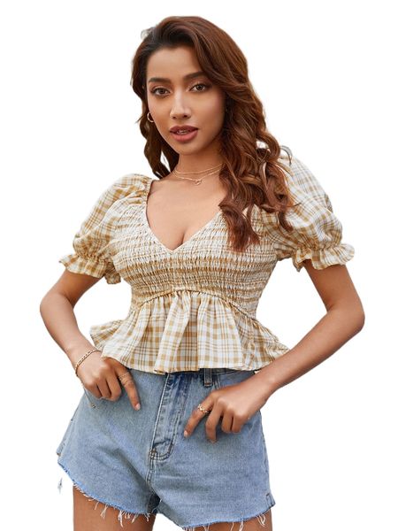 

plaid shirred puff sleeve ruffle hem blouse u123#, White