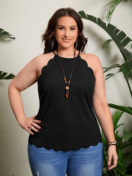 

emery rose plus scallop trim tie back halter g7em#, Black