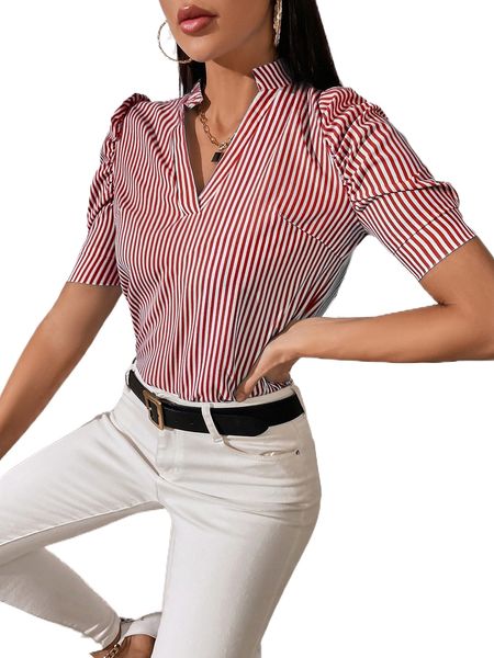 

notch neck puff sleeve striped u4mt#, White