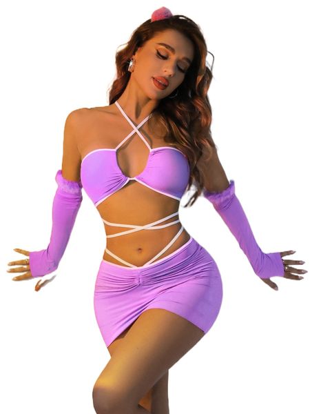 

binding trim criss cross lingerie set with skirt & 1pair oversleeves & hairhoop v3e0#, Black;red