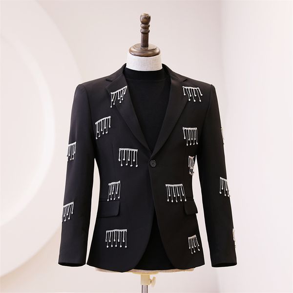 

male singer host concer stage performance shiny blazer rhinestones fringe suit coat single button slim fit tuxedo banquet suit jackets, White;black